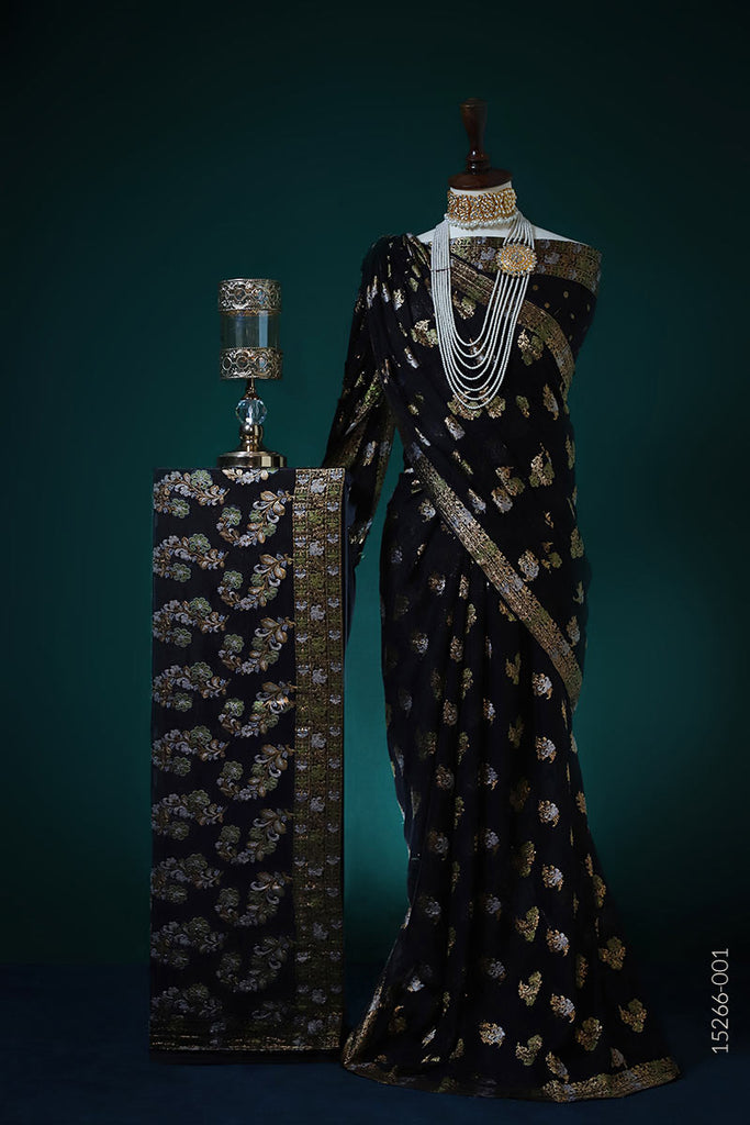 PURE CHIFFON LOOMED SAREE WITH A MIX OF GOLD GREEN AND WHITE RASHAM