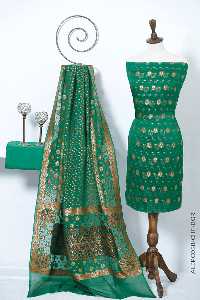 3-PIECE CHIFFON UNSTITCHED SUIT IN A STUNNING BOTTLE GREEN HUE WITH  GOLDEN ZAREE BOTI ON SHIRT AND DUPATTA