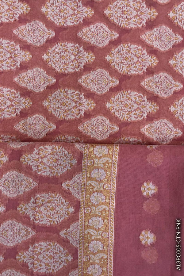 3PC DEMASK PATTERN PRINTED COTTON UNSTITCHED SUITS WITH PALU DESIGN ON DUPATTA