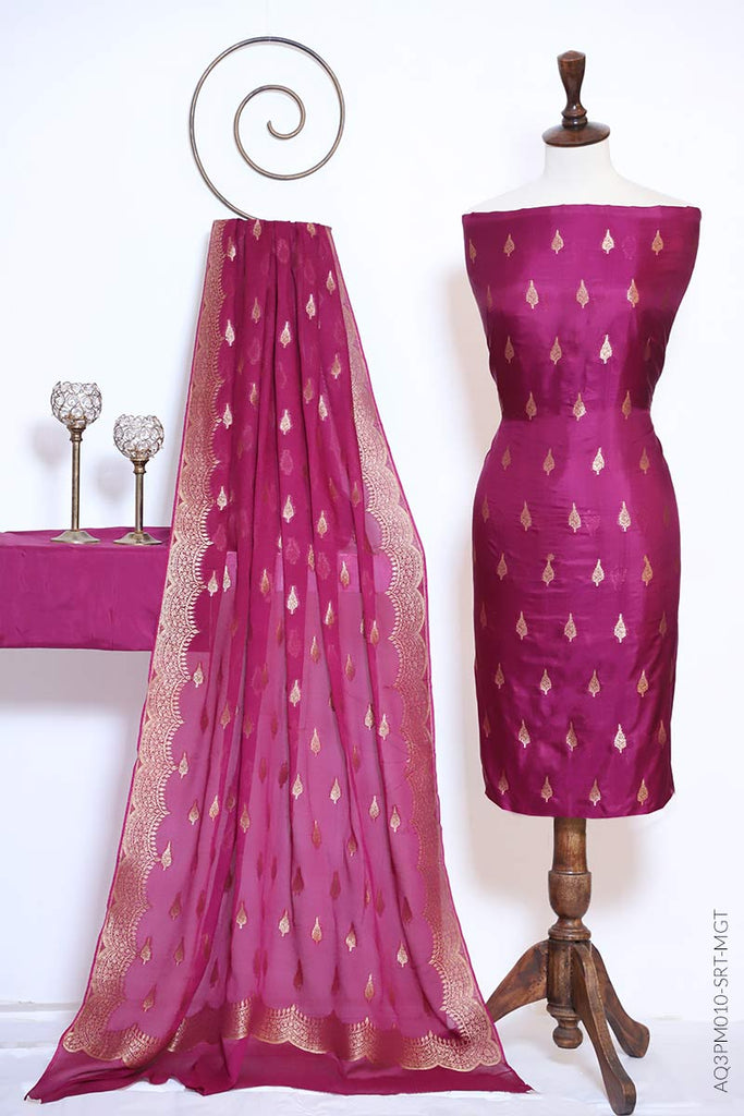PURE KATAN SILK 3PC SUIT WEAVED EMBROIDERED MOTIVE  WITH CHIFFON DUPATTA, INTRICATELY WOVEN IN SMALL BOTI WITH GOLD ZARI