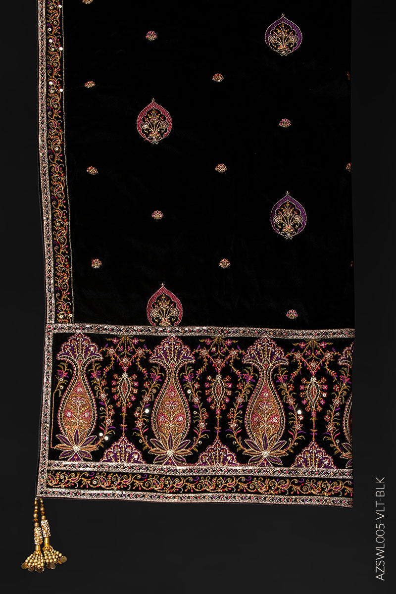 VELVET SHAWL WITH HEAVY MULTICOLORED EMBROIDERY WITH EMBELLISHED BORDE ...