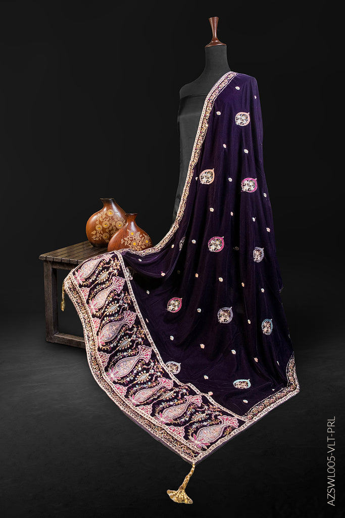 VELVET SHAWL WITH HEAVY MULTICOLORED EMBROIDERY WITH EMBELLISHED BORDERS AND BOTI IN CENTER