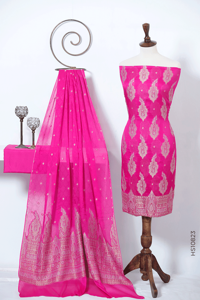 3PC CHIFFON UNSTITCHED PINK SUIT WITH GOLDEN EMBROIDERY ON SHIRT AND DUPATTA