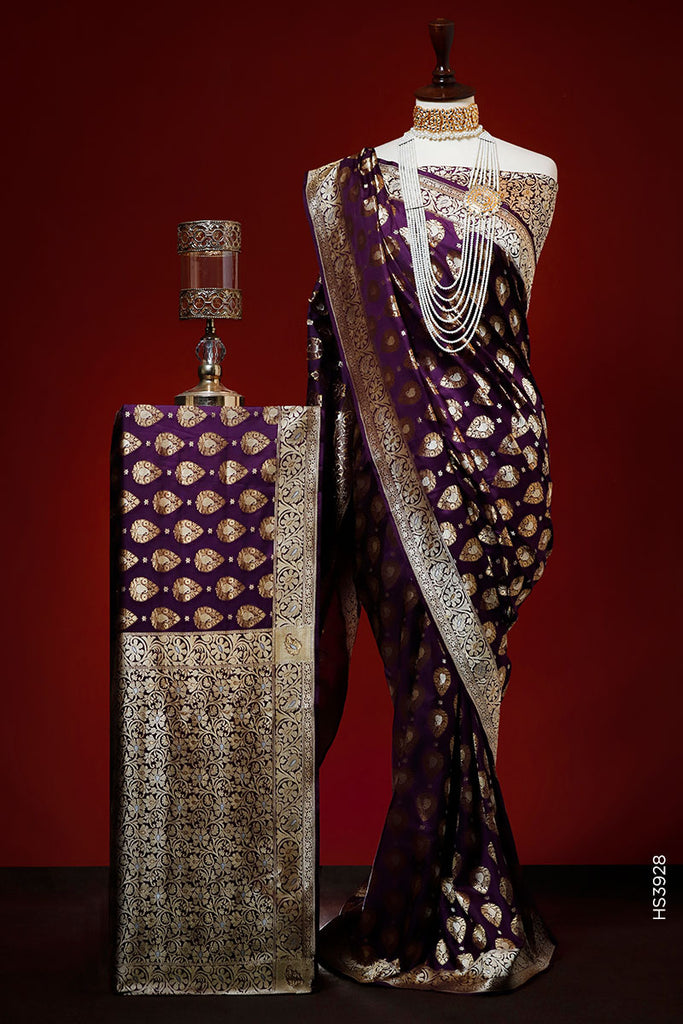 PURE SATIN SILK SAREE ADORNED WITH FEROZI, GOLD, AND RUST WEAVING