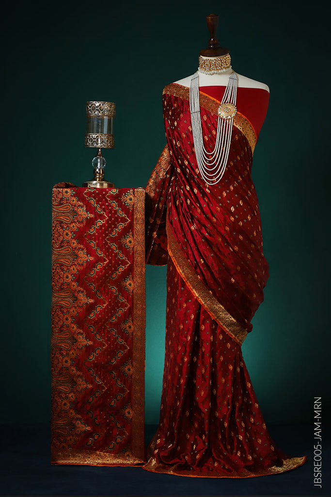 PURE SATIN SILK SAREE WITH INTRICATE BOTTLE AND RUST WEAVING