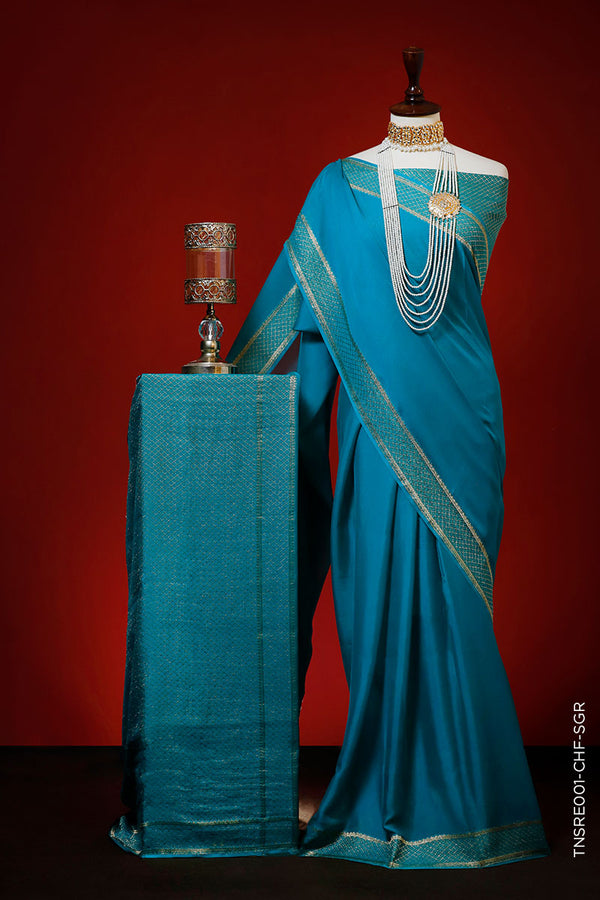 PURE SATIN SILK PLAIN STRIPE SAREE ADORNED WITH DHANI, BLACK,GOLD  AND BLUE WEAVING