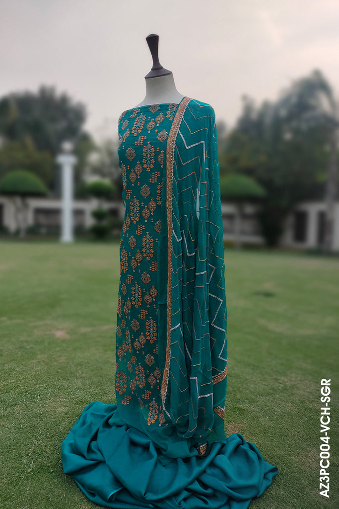 3PC CHIFFON UNSTITCHED SUIT WITH GOLDEN EMBROIDERY ON SHIRT AND DUPATTA