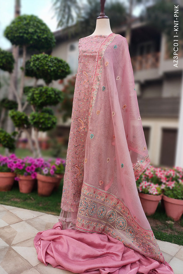 3PC EMBROIDERED PINK ZARI NET SUIT WITH MULTI HUES