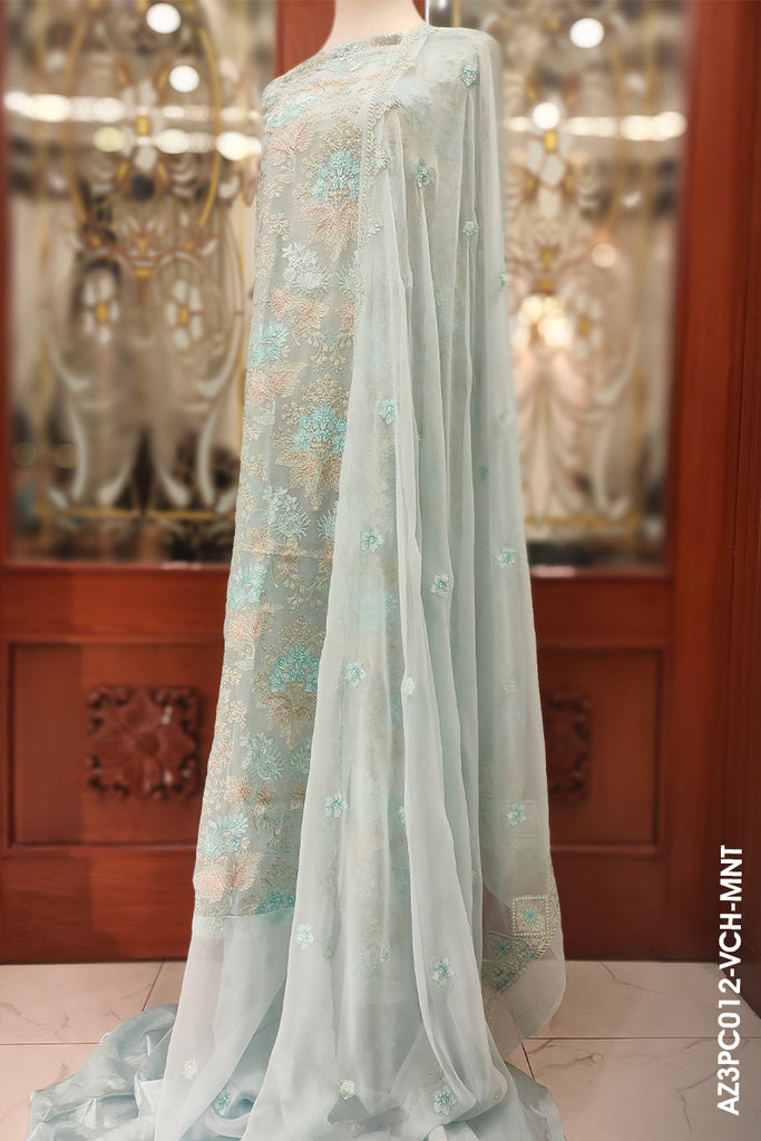 3PC ICE BLUE COLOR UNSTITCHED CHIFFON SUIT WITH FLORAL EMBROIDERY
