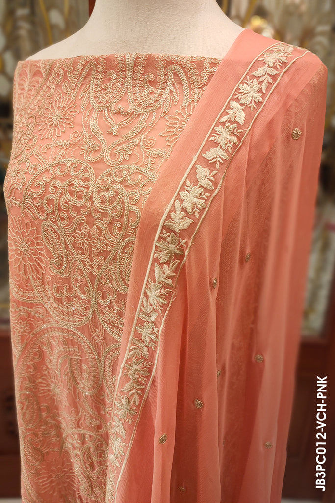 3PC PINK CHIFFON UNSTITCHED SUIT WITH WHITE FLORAL EMBROIDERY ON SHIRT